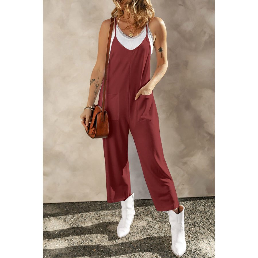 Pocketed Spaghetti Strap Wide Leg Jumpsuit Wine / S Apparel and Accessories