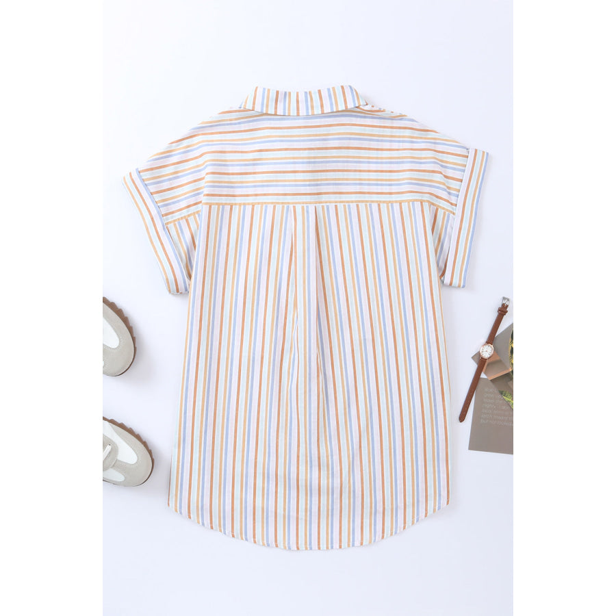 Pocketed Striped Collared Neck Short Sleeve Shirt Apparel and Accessories