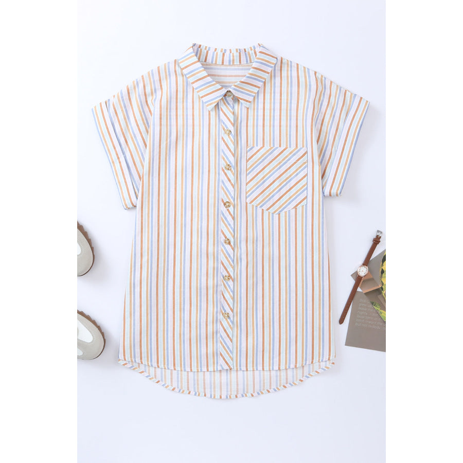 Pocketed Striped Collared Neck Short Sleeve Shirt Apparel and Accessories