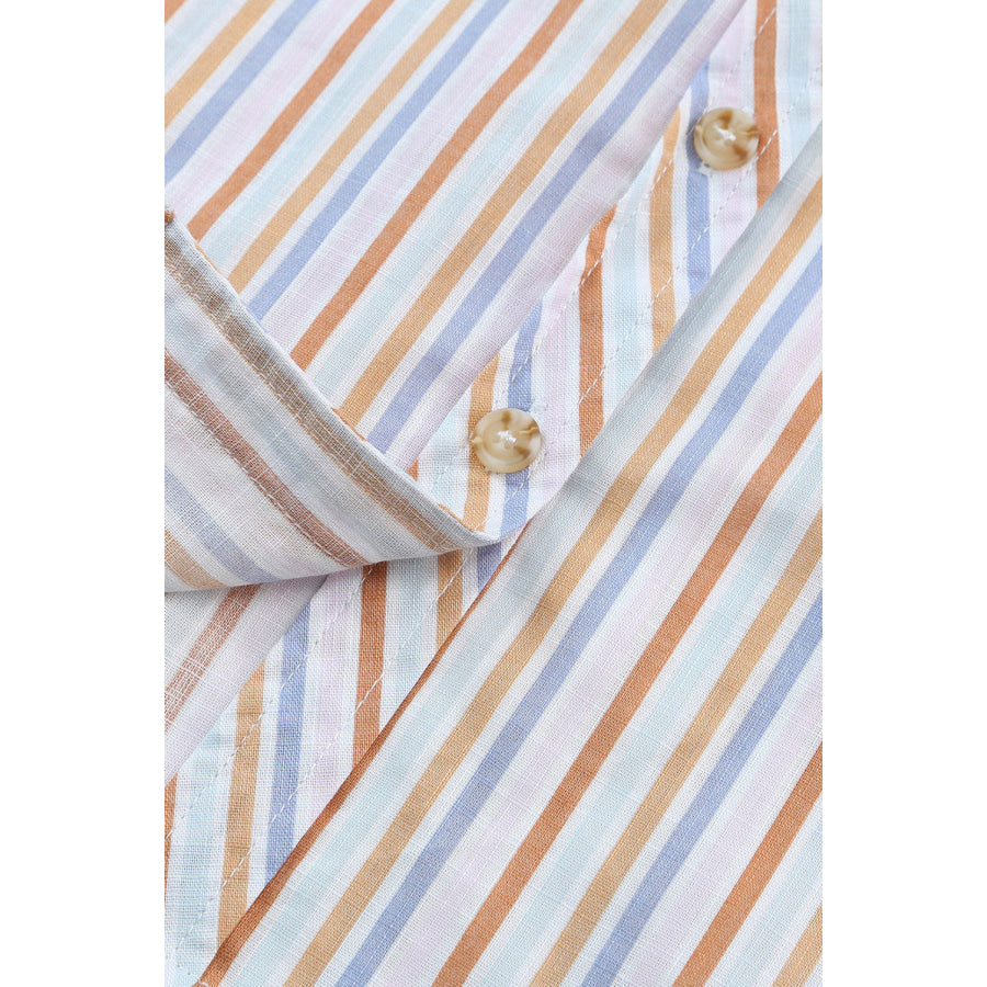 Pocketed Striped Collared Neck Short Sleeve Shirt Apparel and Accessories