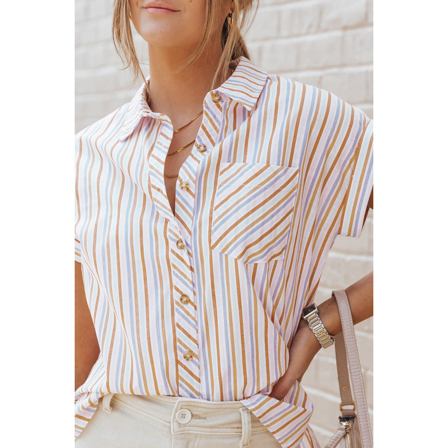 Pocketed Striped Collared Neck Short Sleeve Shirt Apparel and Accessories