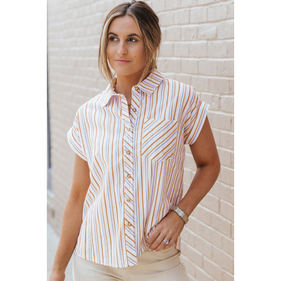 Pocketed Striped Collared Neck Short Sleeve Shirt Apparel and Accessories