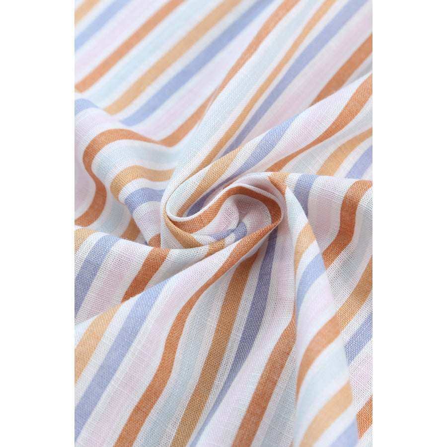 Pocketed Striped Collared Neck Short Sleeve Shirt Apparel and Accessories