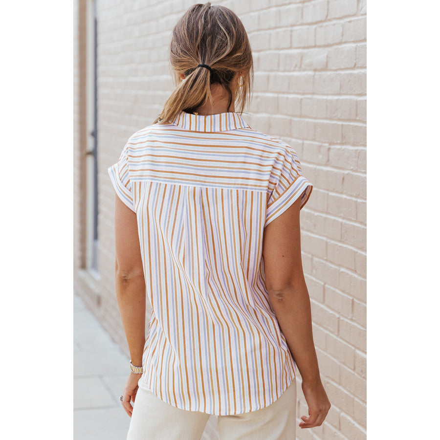 Pocketed Striped Collared Neck Short Sleeve Shirt Apparel and Accessories