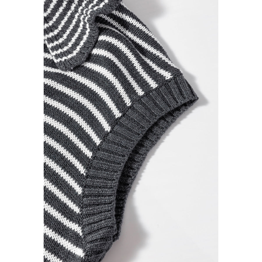 Pocketed Striped Johnny Collar Sweater Vest Apparel and Accessories