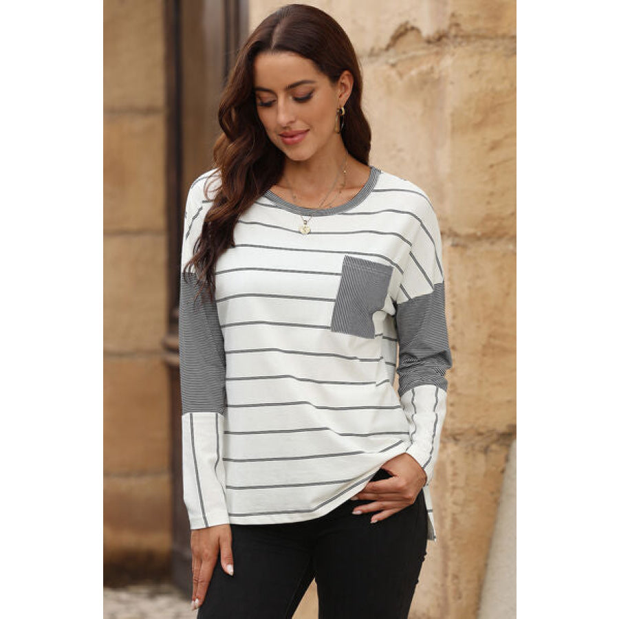 Pocketed Striped Round Neck T-Shirt Apparel and Accessories