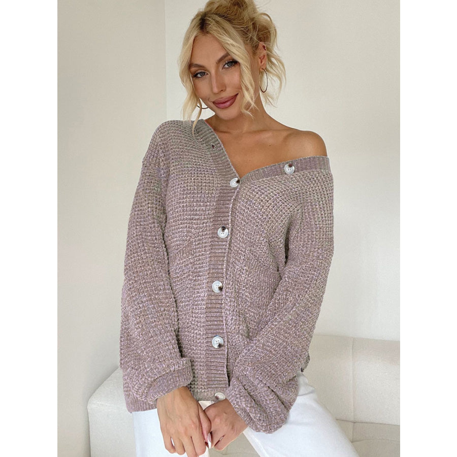 Pocketed V-Neck Button Up Cardigan Pink Purple / One Size Apparel and Accessories