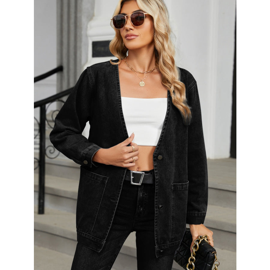 Pocketed V-Neck Button Up Denim Jacket Black / S Apparel and Accessories