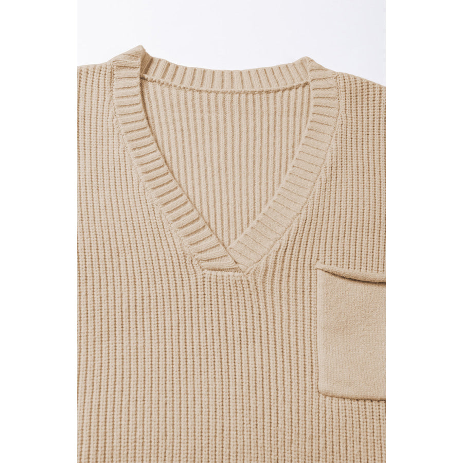 Pocketed V-Neck Cap Sleeve Sweater Apparel and Accessories