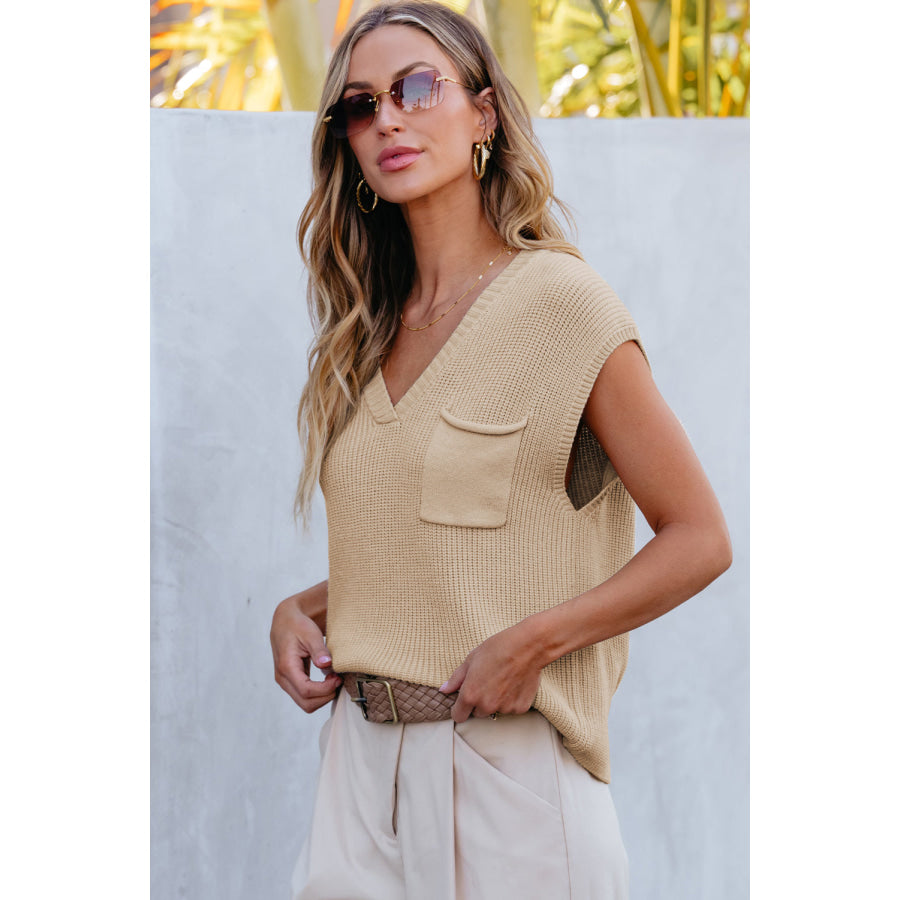 Pocketed V-Neck Cap Sleeve Sweater Apparel and Accessories