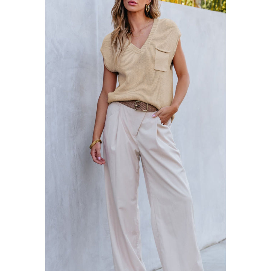 Pocketed V-Neck Cap Sleeve Sweater Apparel and Accessories
