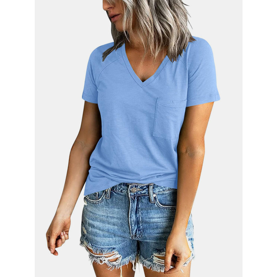 Pocketed V - Neck Short Sleeve T - Shirt Apparel and Accessories