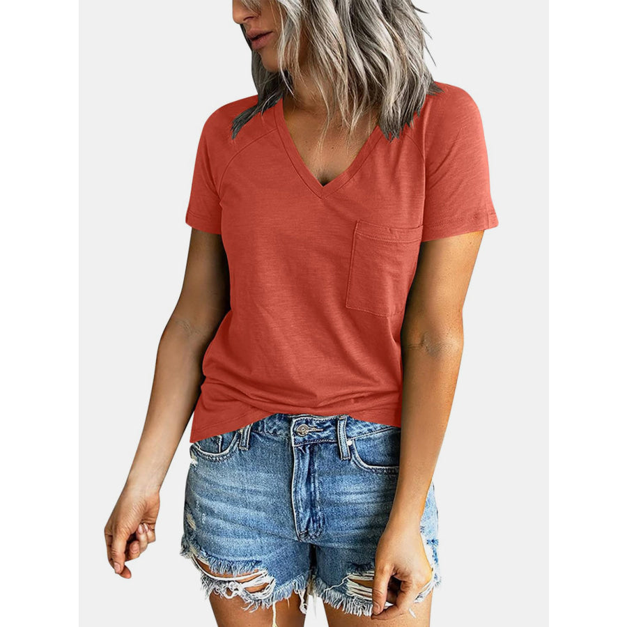 Pocketed V - Neck Short Sleeve T - Shirt Apparel and Accessories