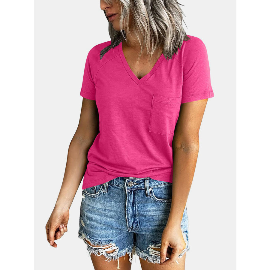 Pocketed V - Neck Short Sleeve T - Shirt Apparel and Accessories