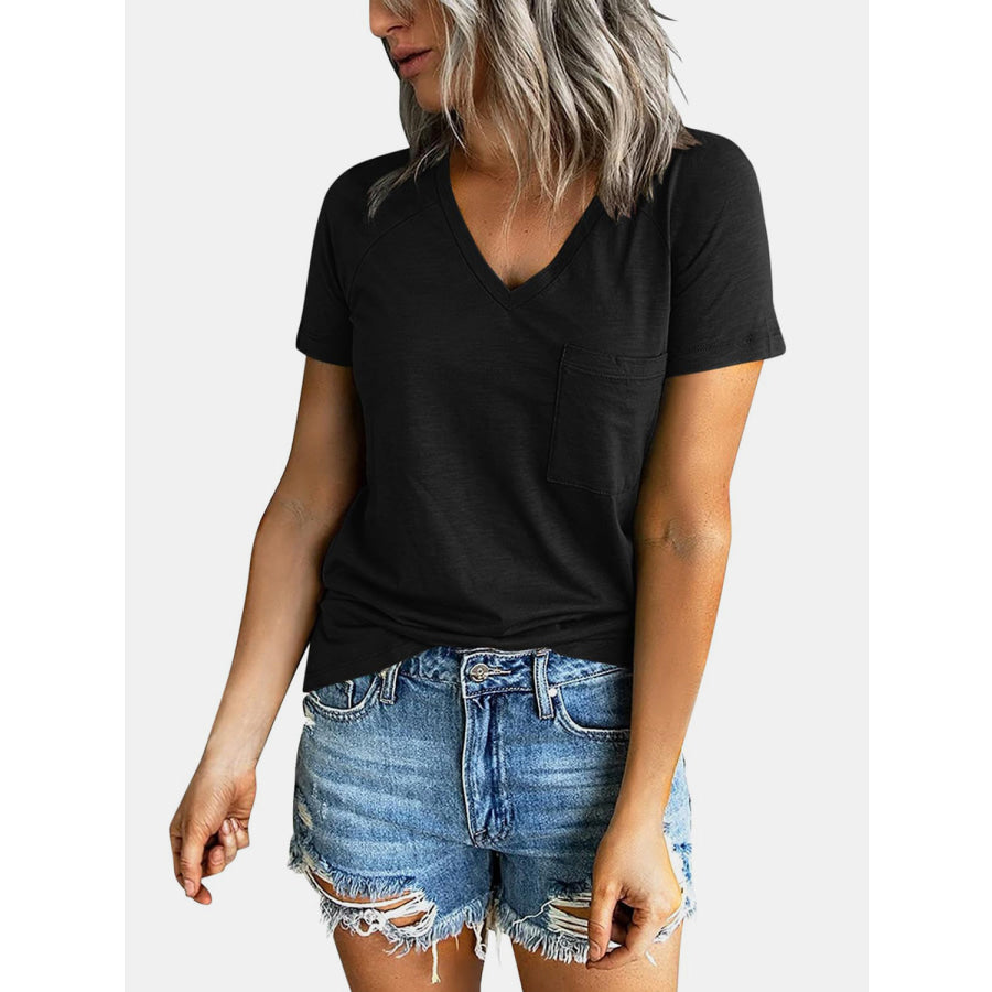 Pocketed V - Neck Short Sleeve T - Shirt Apparel and Accessories