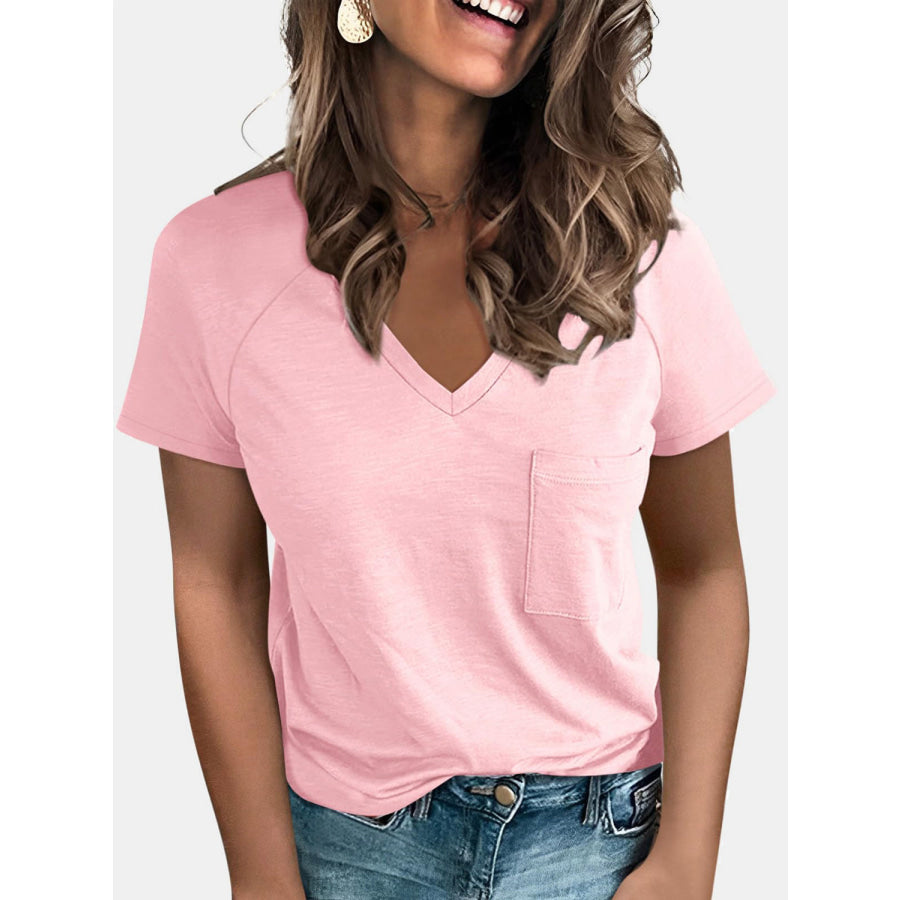 Pocketed V - Neck Short Sleeve T - Shirt Apparel and Accessories