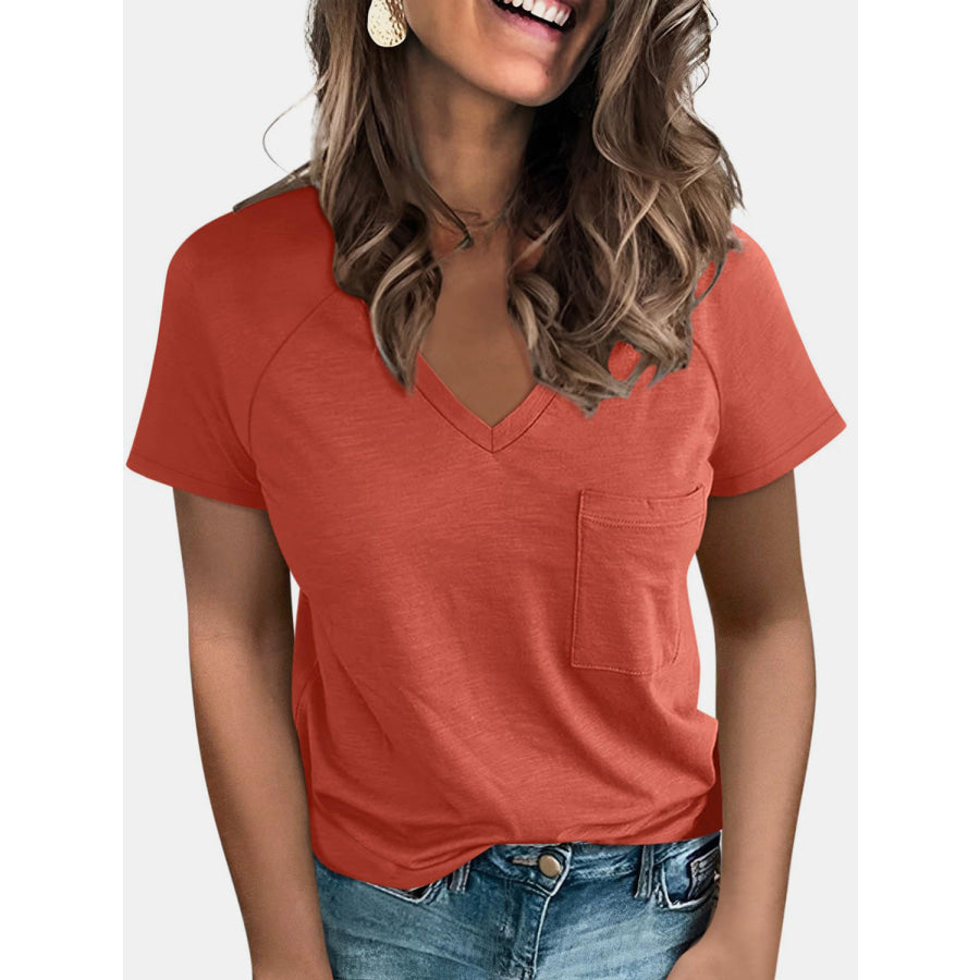 Pocketed V - Neck Short Sleeve T - Shirt Apparel and Accessories