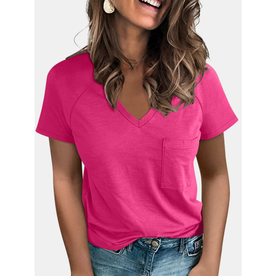 Pocketed V - Neck Short Sleeve T - Shirt Apparel and Accessories