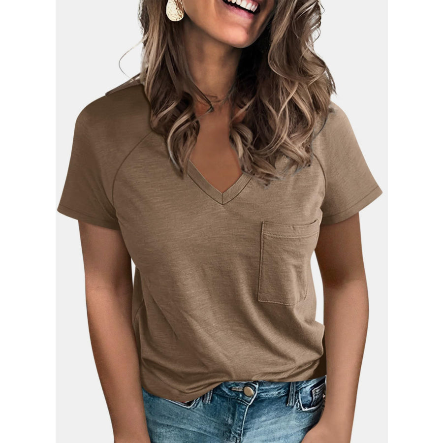 Pocketed V - Neck Short Sleeve T - Shirt Apparel and Accessories