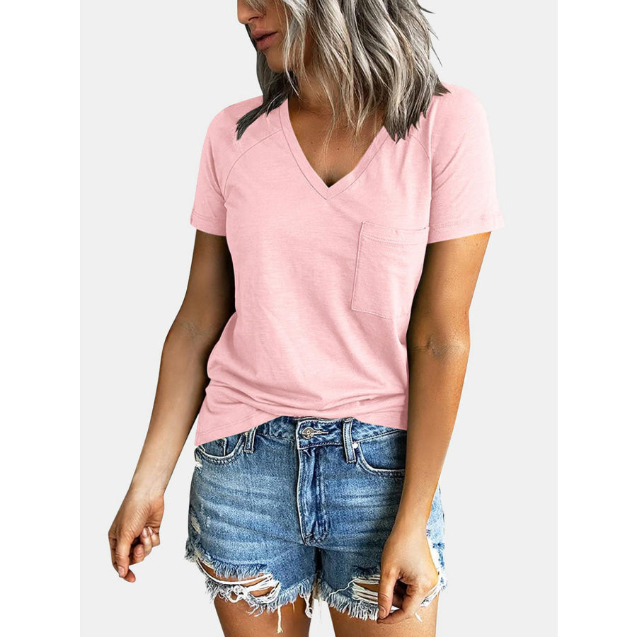 Pocketed V - Neck Short Sleeve T - Shirt Blush Pink / S Apparel and Accessories