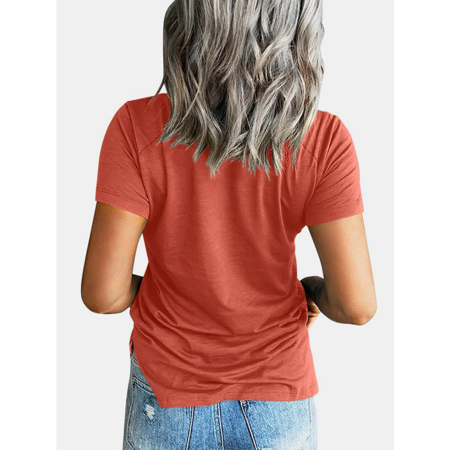 Pocketed V - Neck Short Sleeve T - Shirt Burnt Coral / S Apparel and Accessories