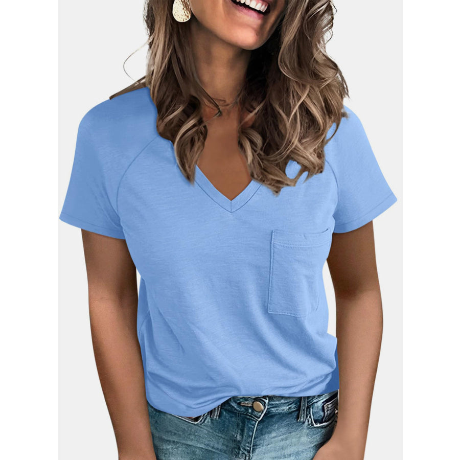 Pocketed V - Neck Short Sleeve T - Shirt Misty Blue / S Apparel and Accessories
