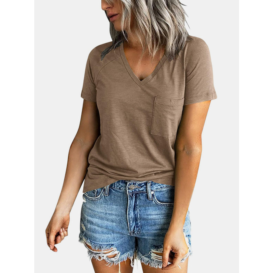 Pocketed V - Neck Short Sleeve T - Shirt Taupe / S Apparel and Accessories