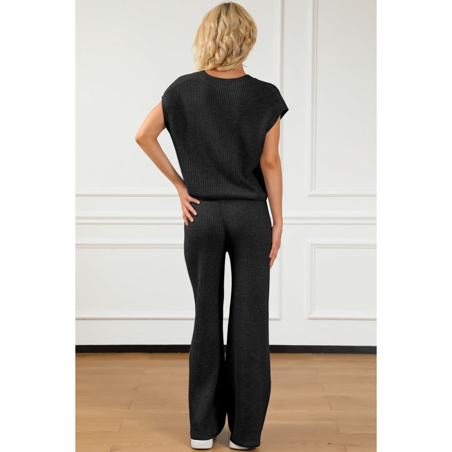 Pocketed V - Neck Top and Wide Leg Sweater Set Apparel and Accessories