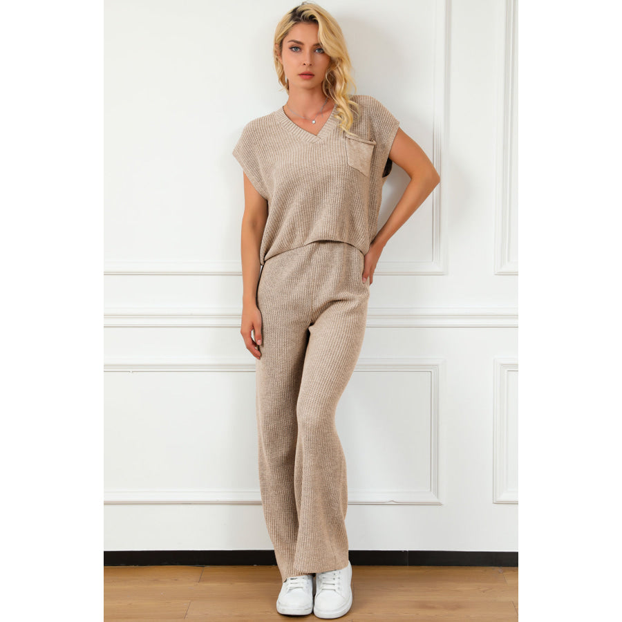 Pocketed V - Neck Top and Wide Leg Sweater Set Apparel and Accessories