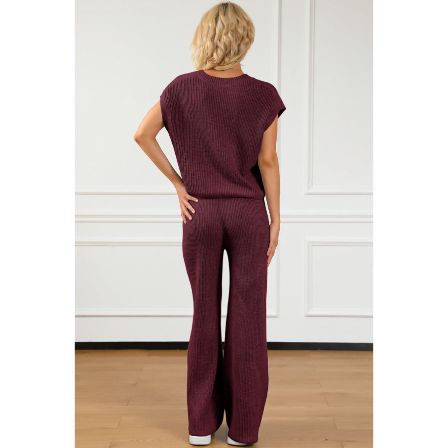 Pocketed V - Neck Top and Wide Leg Sweater Set Apparel and Accessories