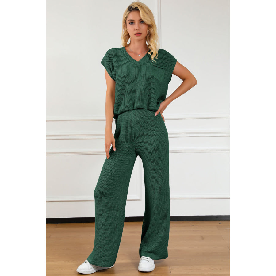 Pocketed V - Neck Top and Wide Leg Sweater Set Apparel and Accessories