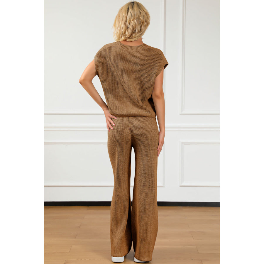 Pocketed V - Neck Top and Wide Leg Sweater Set Apparel and Accessories