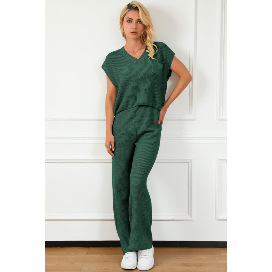 Pocketed V - Neck Top and Wide Leg Sweater Set Apparel and Accessories