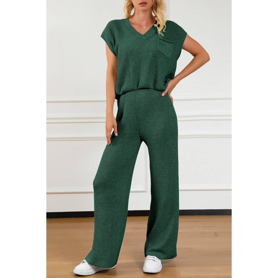 Pocketed V - Neck Top and Wide Leg Sweater Set Green / S Apparel and Accessories