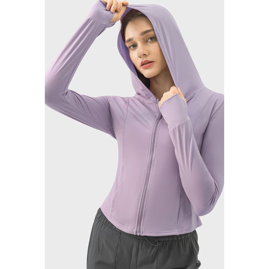 Pocketed Zip Up Hooded Long Sleeve Active Outerwear Apparel and Accessories