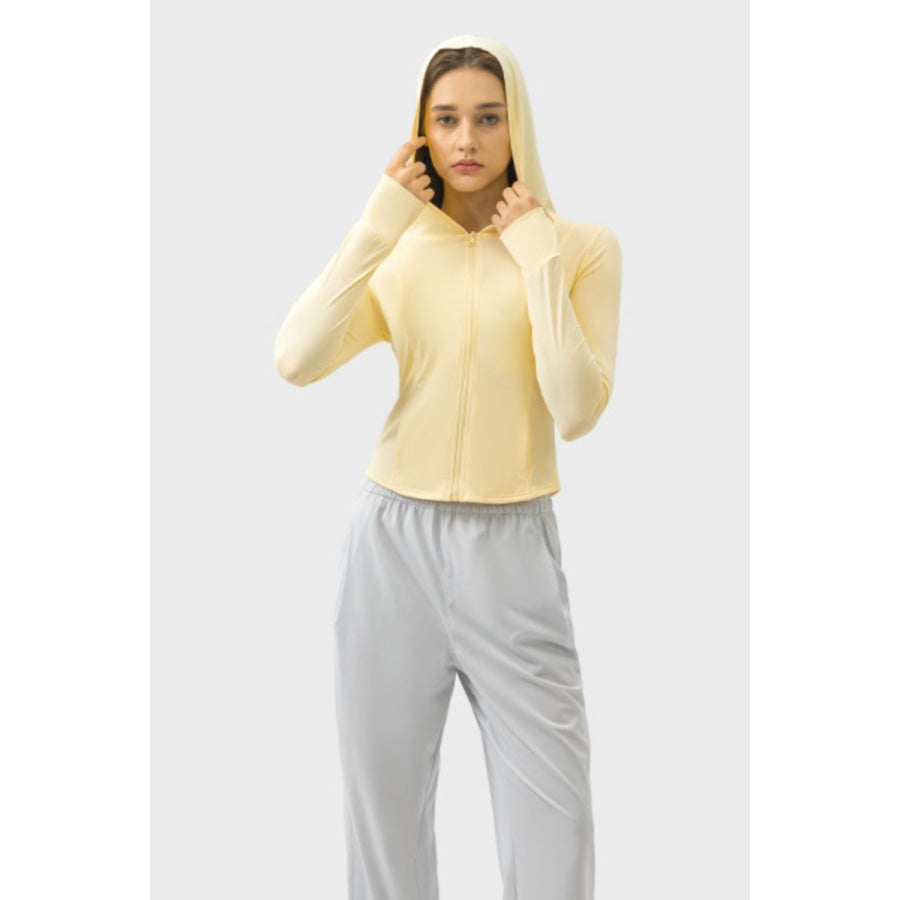 Pocketed Zip Up Hooded Long Sleeve Active Outerwear Apparel and Accessories