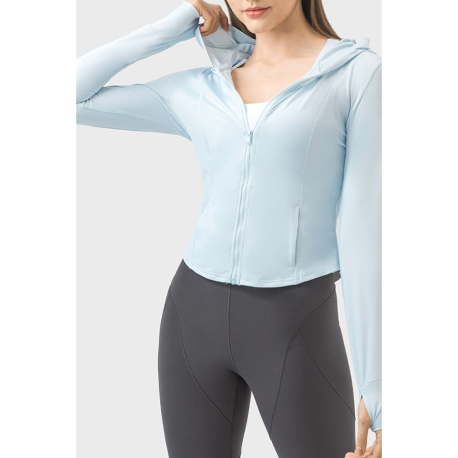 Pocketed Zip Up Hooded Long Sleeve Active Outerwear Apparel and Accessories