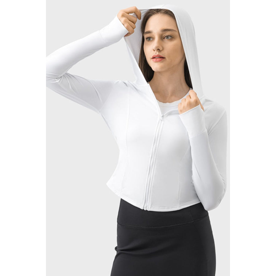Pocketed Zip Up Hooded Long Sleeve Active Outerwear Apparel and Accessories