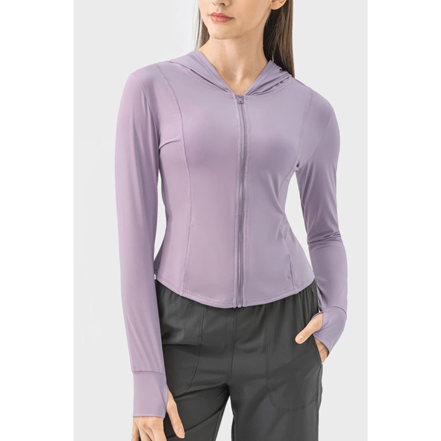 Pocketed Zip Up Hooded Long Sleeve Active Outerwear Lavender / S Apparel and Accessories