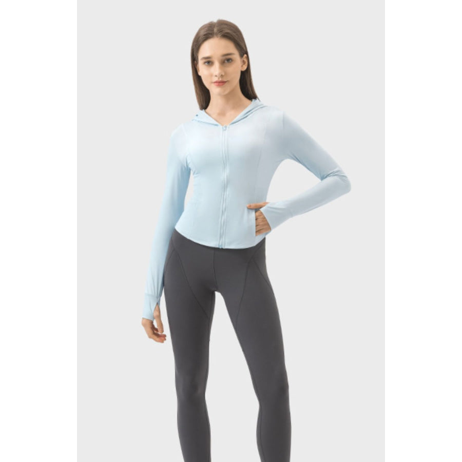 Pocketed Zip Up Hooded Long Sleeve Active Outerwear Misty Blue / S Apparel and Accessories