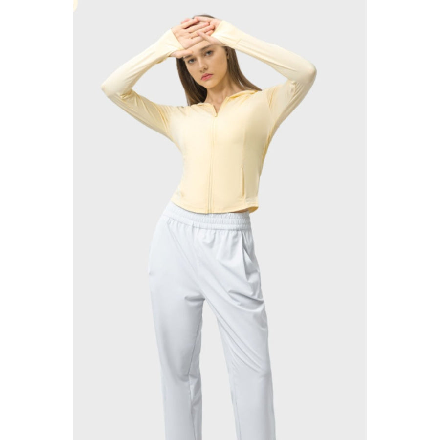 Pocketed Zip Up Hooded Long Sleeve Active Outerwear Pastel Yellow / S Apparel and Accessories