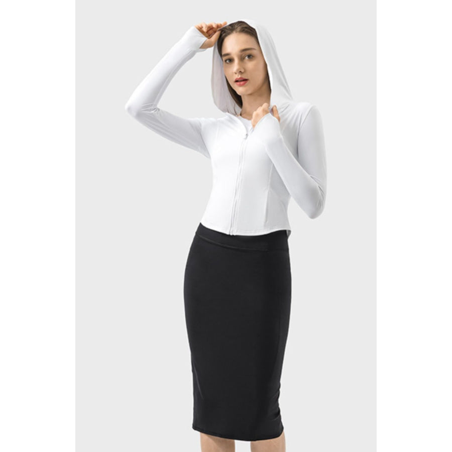 Pocketed Zip Up Hooded Long Sleeve Active Outerwear White / S Apparel and Accessories