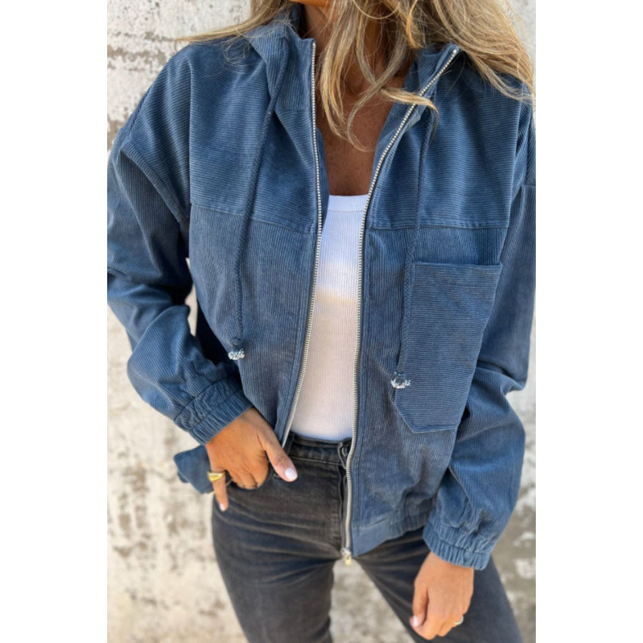 Pocketed Zip Up Long Sleeve Hooded Jacket Dusty Blue / S Apparel and Accessories