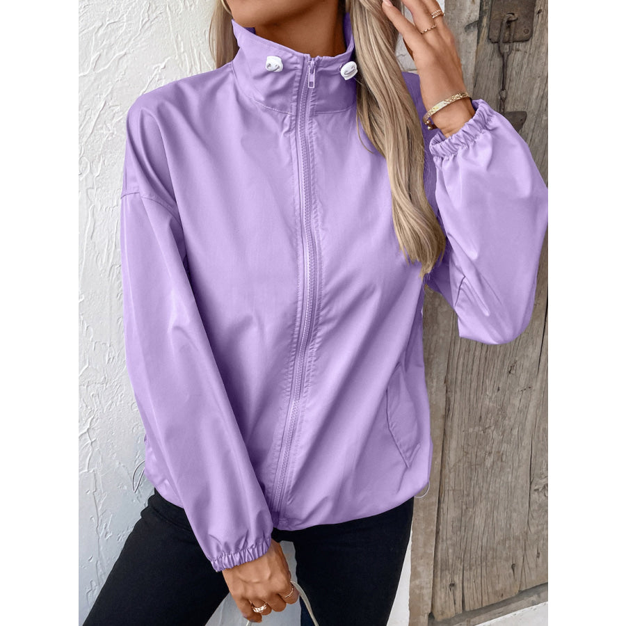 Pocketed Zip Up Long Sleeve Jacket Apparel and Accessories