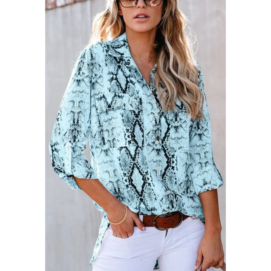 Pockted Printed Button Up Shirt Mint Blue / S Apparel and Accessories