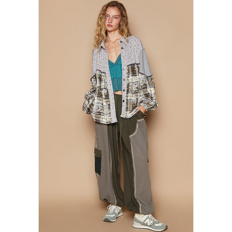 POL Balloon Sleeve Floral Color Block Plaid Shirt Apparel and Accessories