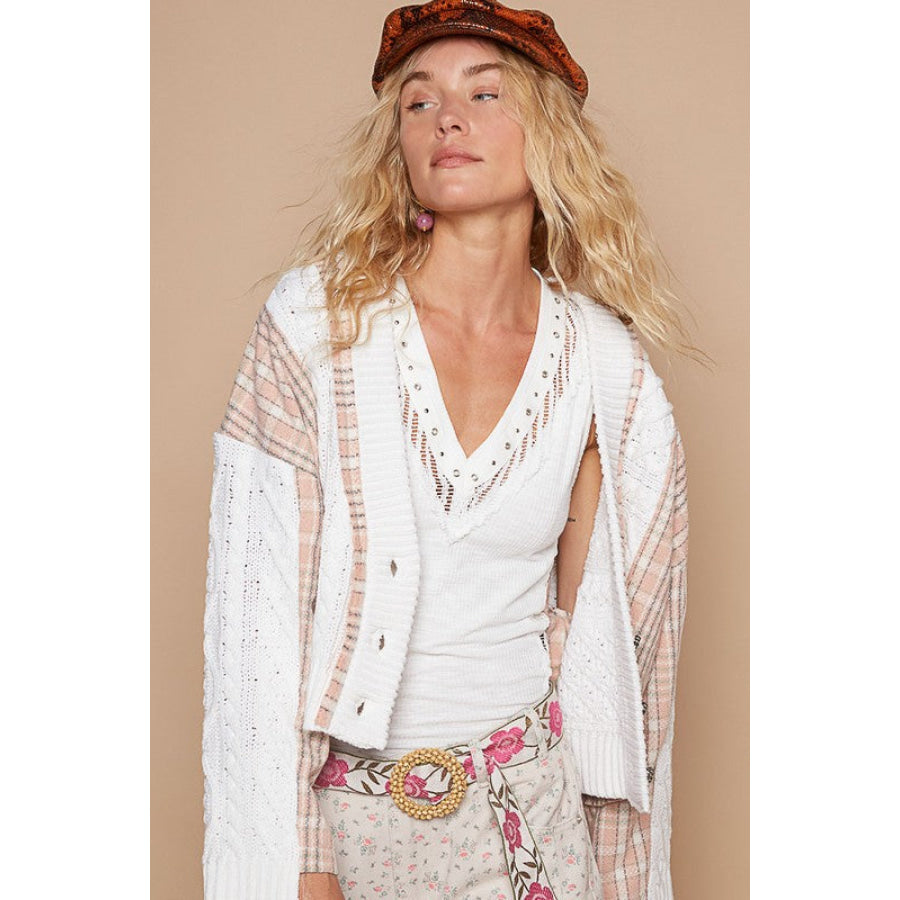 POL Cable-Knit Plaid V-Neck Button Up Cardigan Apparel and Accessories