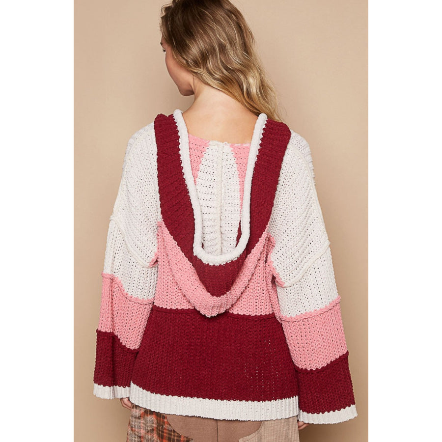 POL Color Block Long Sleeve Hooded Sweater Pink Burgundy Multi / S Apparel and Accessories