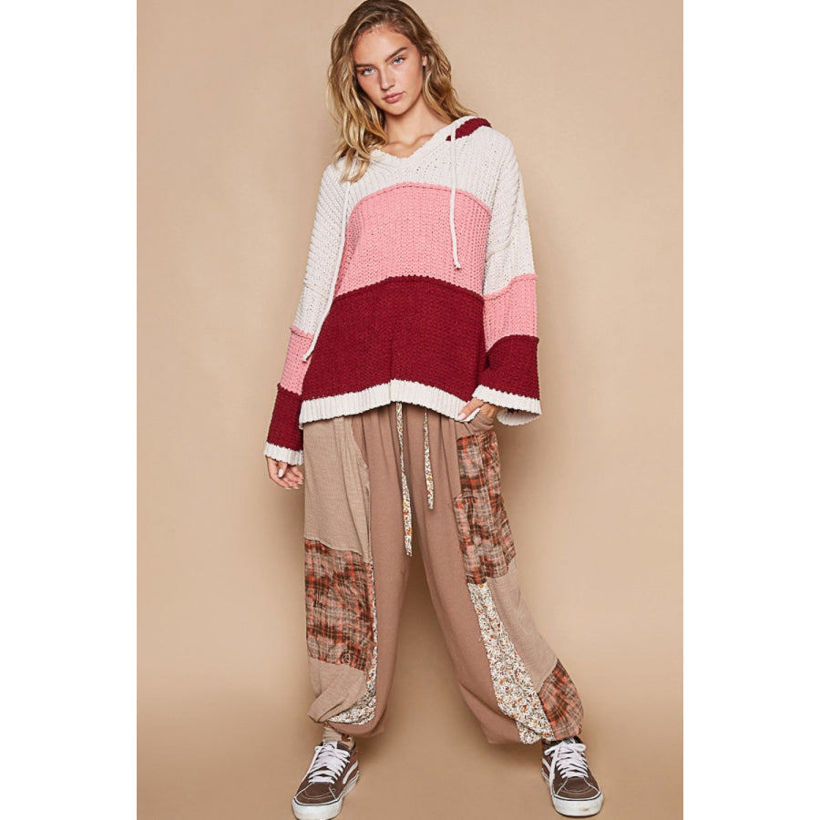POL Color Block Long Sleeve Hooded Sweater Apparel and Accessories