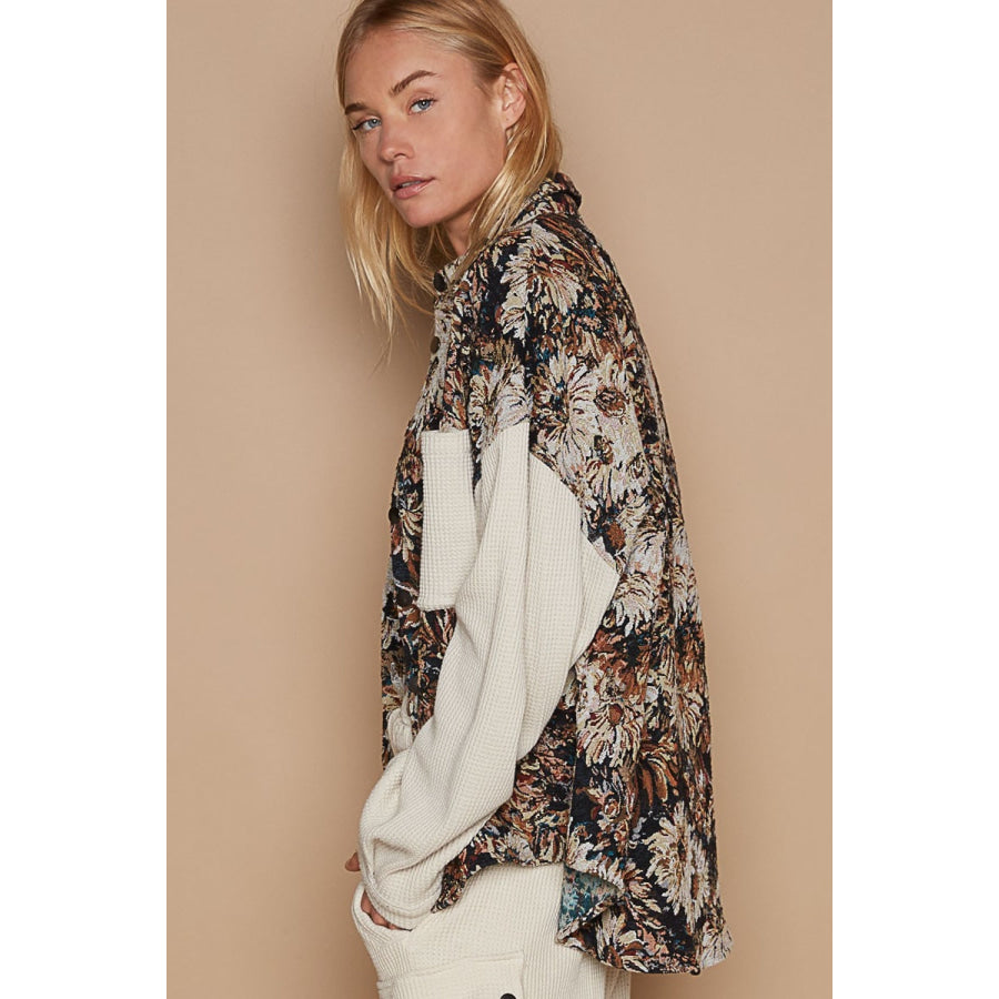 POL Contrast Sleeves Button Down Floral Jacquard Shirt Apparel and Accessories